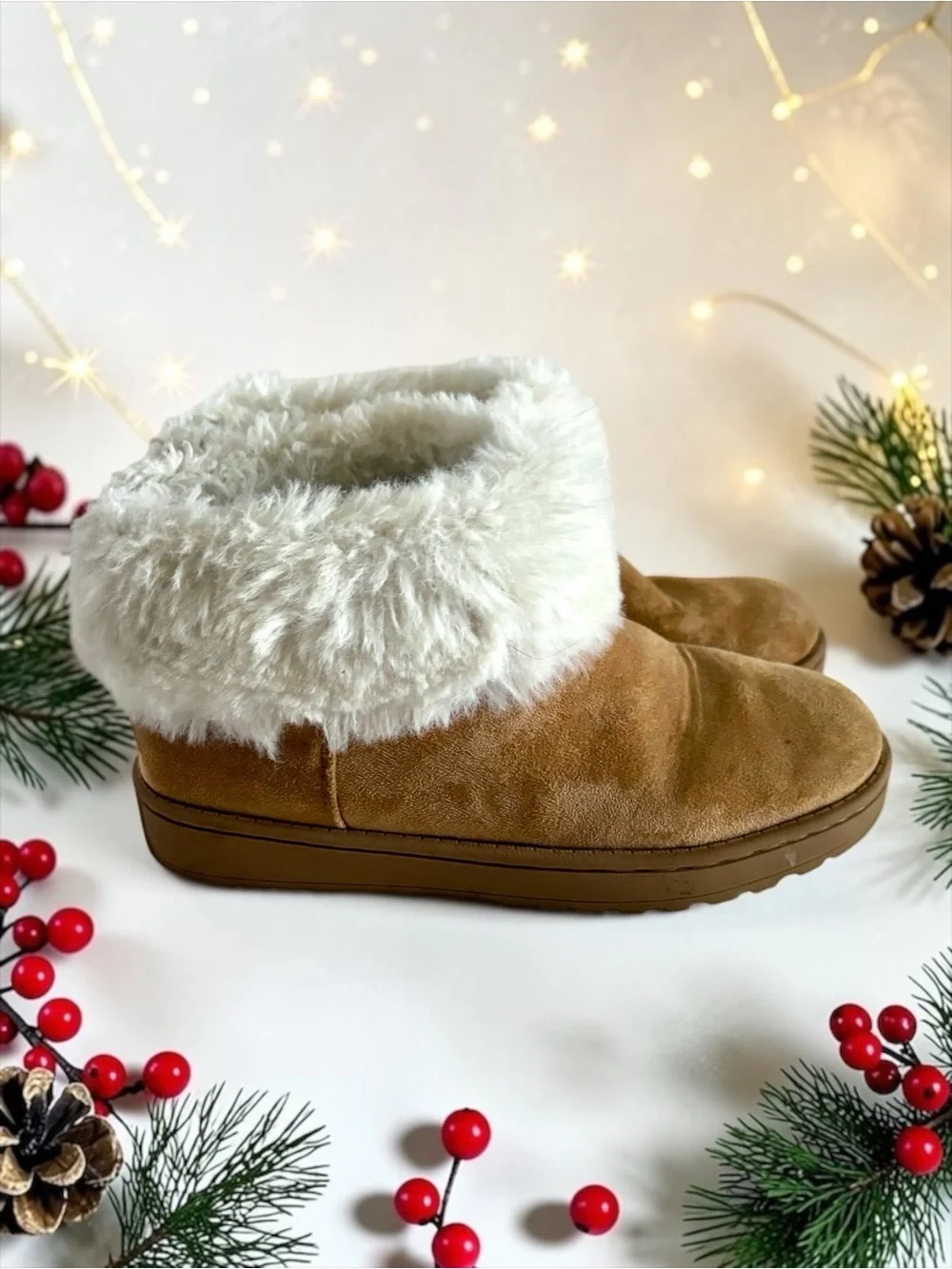 Thereabouts Kaylee Faux‑Fur Slippers | Tan Suede House Shoes | Big Girls Size 4M